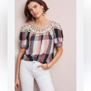 Anthropologie | Crochet Shoulder Swing Top Plaid Puff Sleeve Gauze B3